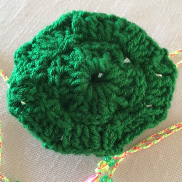 Hand Crafted Shamrock Bag Green Crochet with Yellow Drawstrings - Picture 7 of 9
